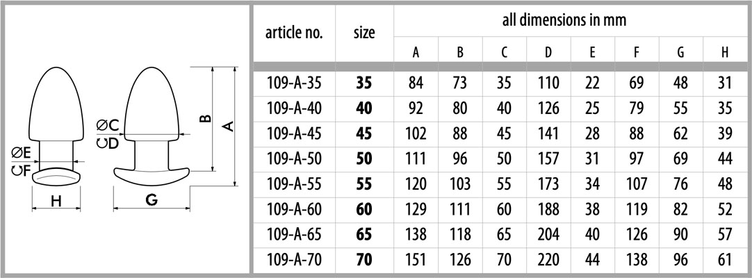 Size Chart for anal plug stay there